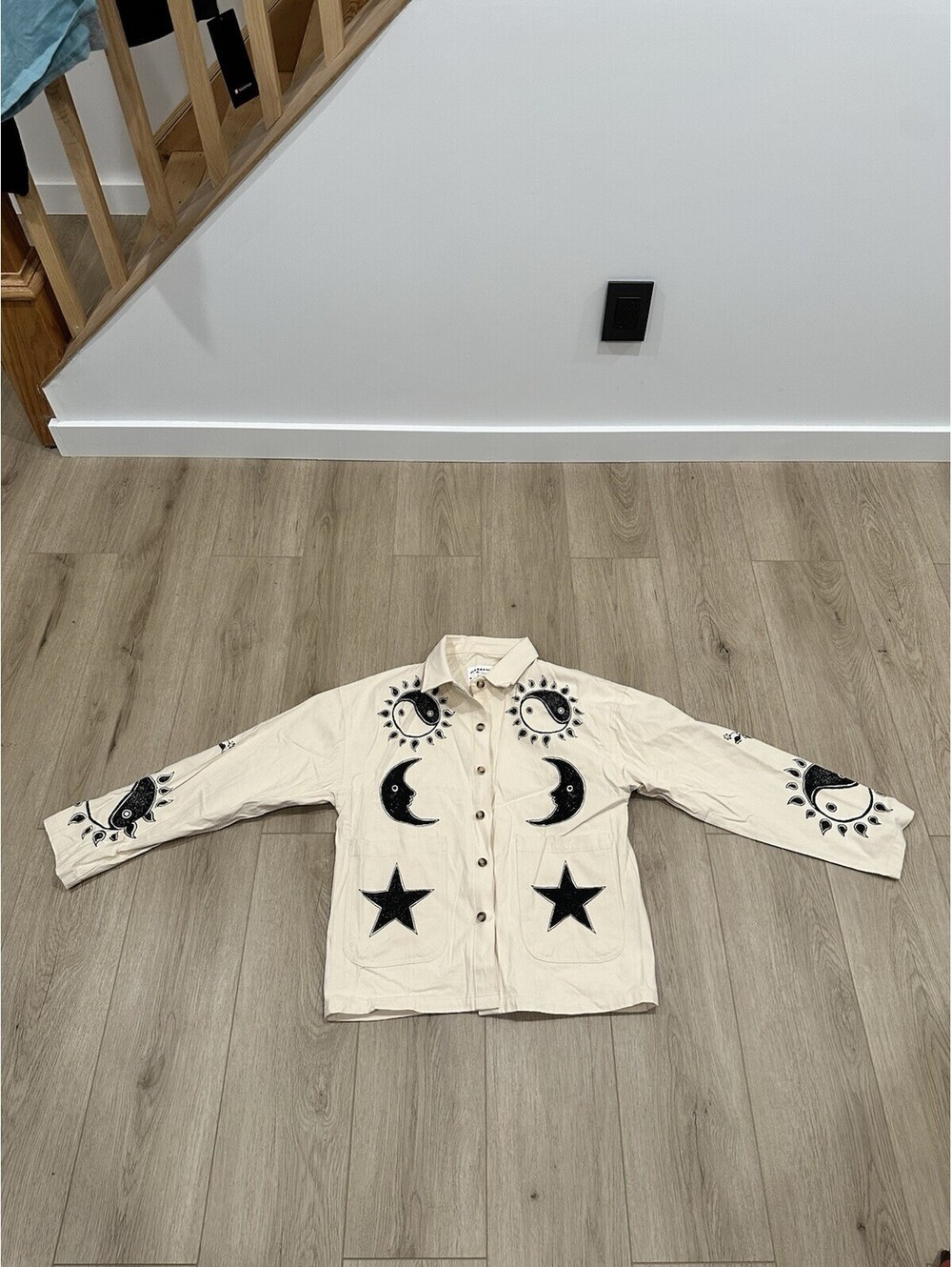 MEADOWS Caladium Cotton Canvas Off White Button Celestial Print Jacket Size 8